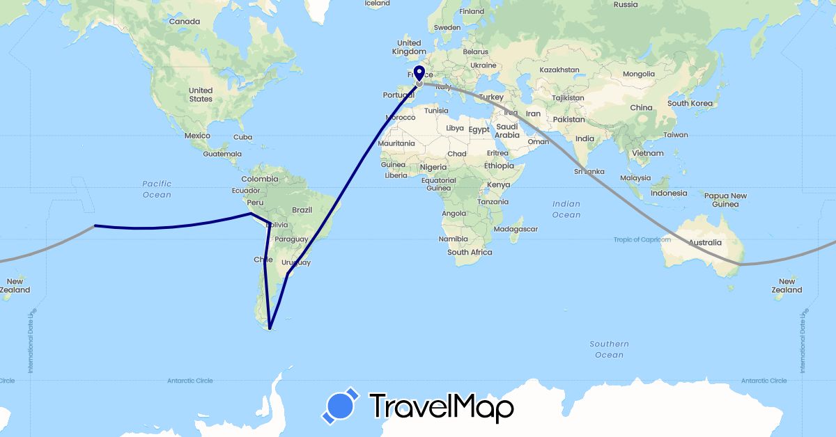 TravelMap itinerary: driving, plane in Argentina, Australia, Bolivia, Chile, France, Sri Lanka, Peru, French Polynesia (Asia, Europe, Oceania, South America)